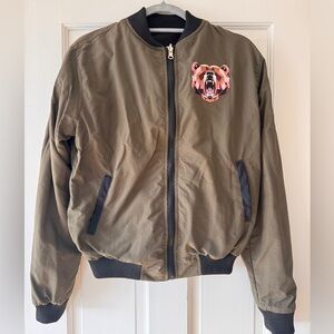 Cute Women’s Olive Bomber Jacket with Bear Patch Sz Small